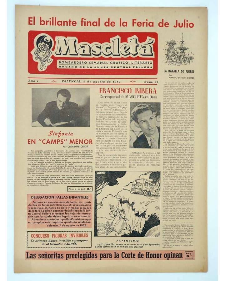 Cubierta de MASCLETA BOMBARDERO SEMANAL GRÁFICO LITERARIO 13. 9 agosto 1952 (Vvaa) Guerri 1952