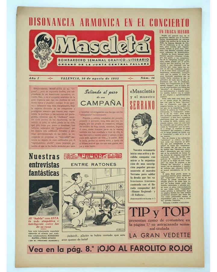 Cubierta de MASCLETA BOMBARDERO SEMANAL GRÁFICO LITERARIO 16. 30 Agosto 1952 (Vvaa) Guerri 1952