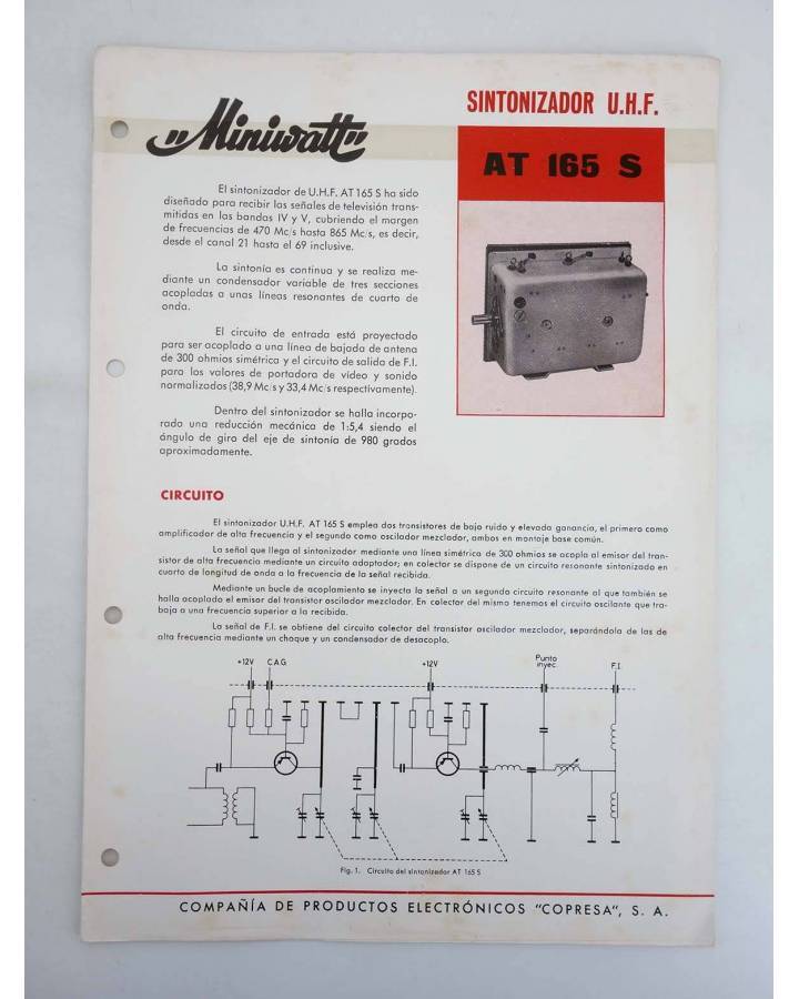 Cubierta de MINIWATT. SINTONIZADOR UHF AT 165 S. DIPTICO. 4 PÁGS (No Acreditado) Copresa 1950