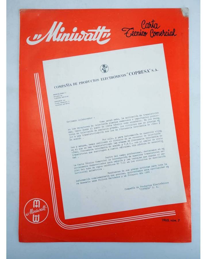 Cubierta de MINIWATT CARTA TÉCNICO COMERCIAL 1965 Nº 7. DÍPTICO. ILUSTRADO (No Acreditado) Copresa 1965