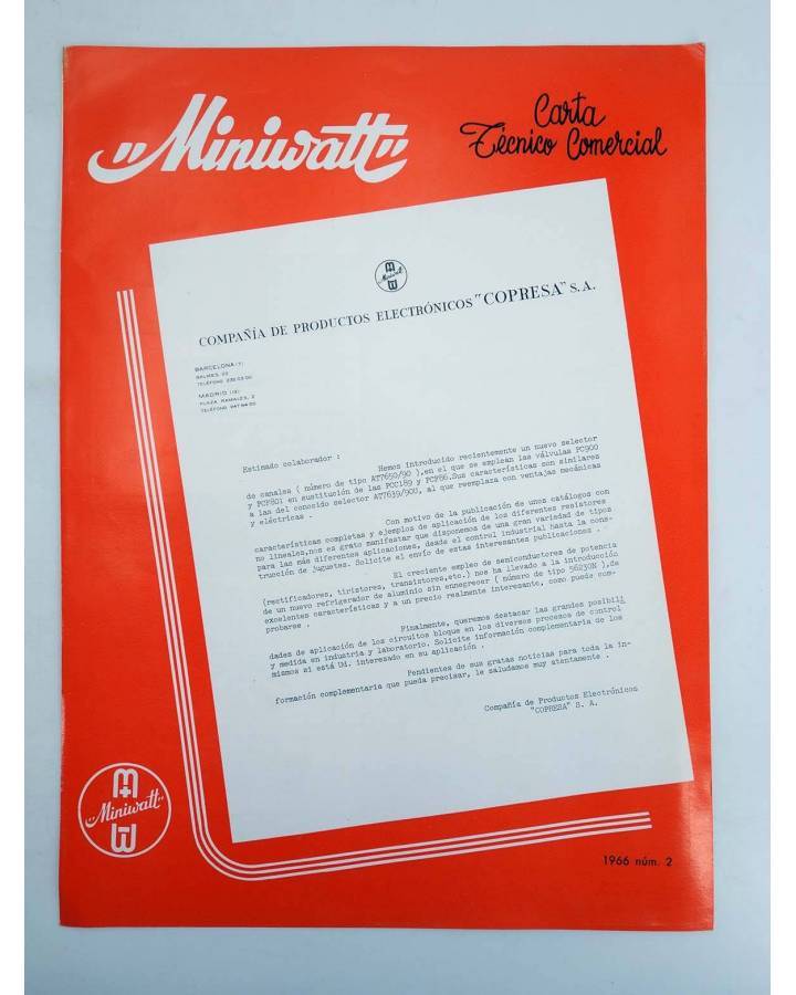 Cubierta de MINIWATT CARTA TÉCNICO COMERCIAL 1966 Nº 2. DÍPTICO. ILUSTRADO (No Acreditado) Copresa 1966