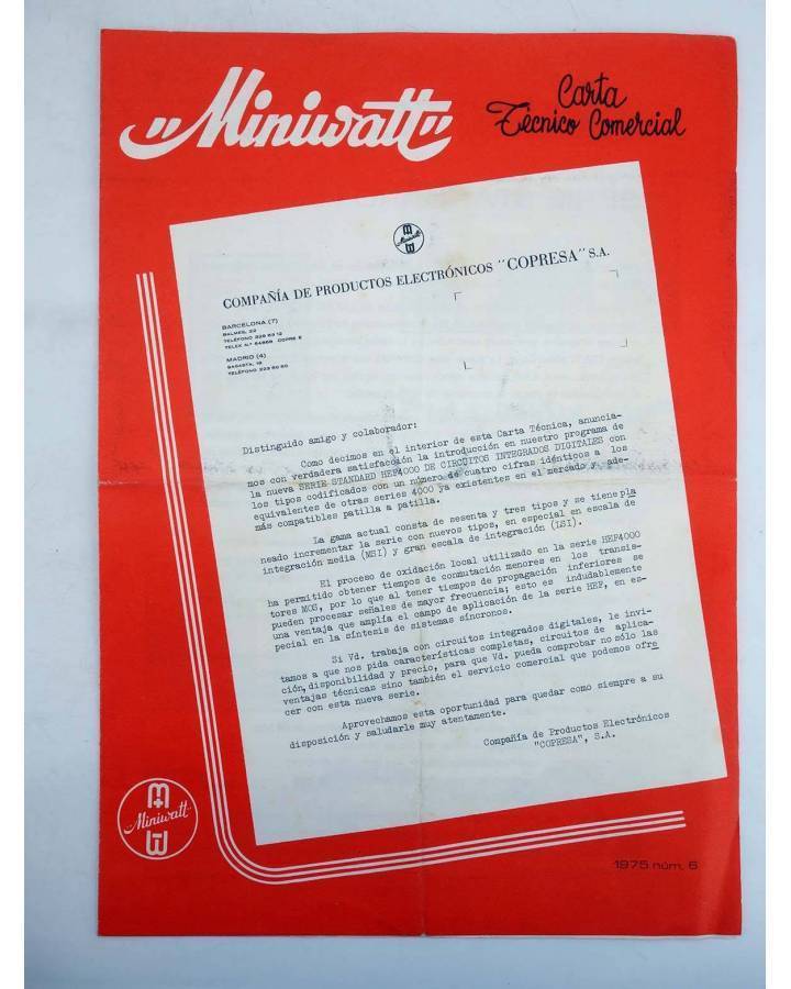 Cubierta de MINIWATT CARTA TÉCNICO COMERCIAL 1975 Nº 6. DÍPTICO. ILUSTRADO (No Acreditado) Copresa 1966