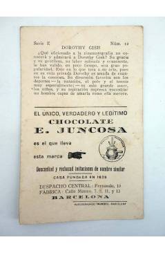 Contracubierta de CROMO CÉLEBRES ARTISTAS CINEMATOGRÁFICOS SERIE E N.º 12. DOROTHY GISH (No Acreditado) Chocolates E. Ju