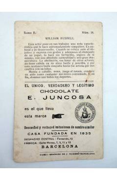 Contracubierta de CROMO CÉLEBRES ARTISTAS CINEMATOGRÁFICOS SERIE B N.º 18. WILLIAM RUSSELL (No Acreditado) Chocolates E.