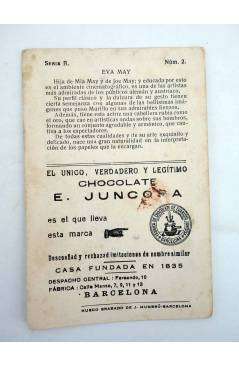 Contracubierta de CROMO CÉLEBRES ARTISTAS CINEMATOGRÁFICOS SERIE B N.º 2. EVA MAY (No Acreditado) Chocolates E. Juncosa 