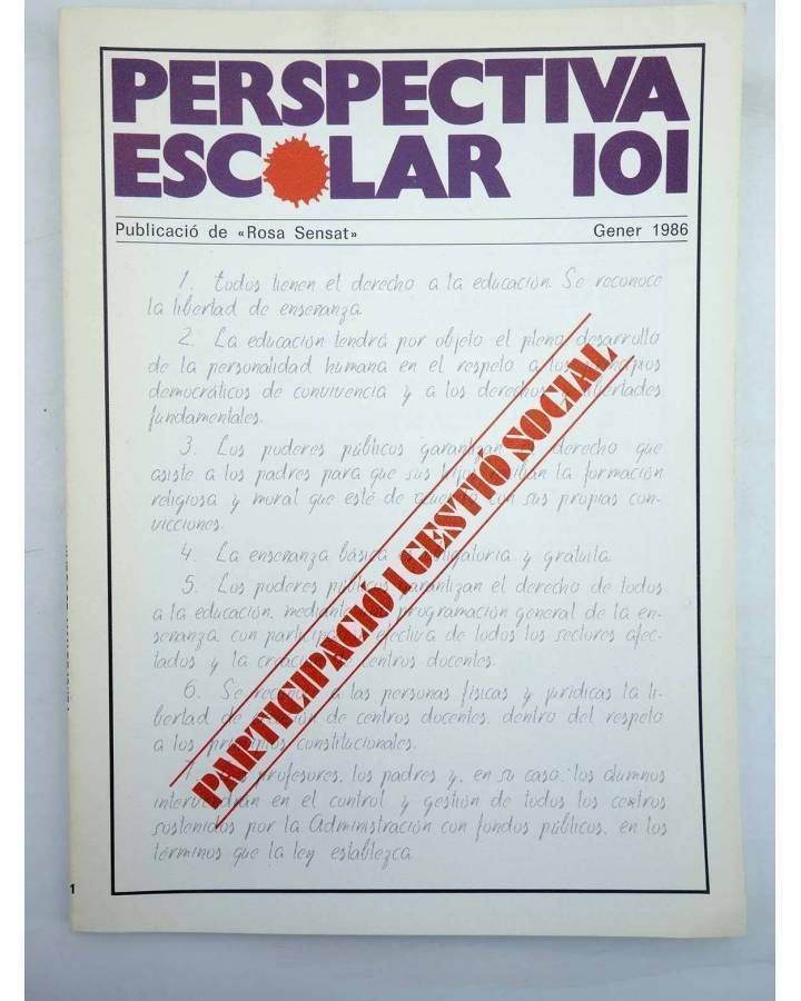 Cubierta de REVISTA PERSPECTIVA ESCOLAR 101. PARTICIPACIÓ I GESTIÓ SOCIAL (Vvaa) Rosa Sensat 1986