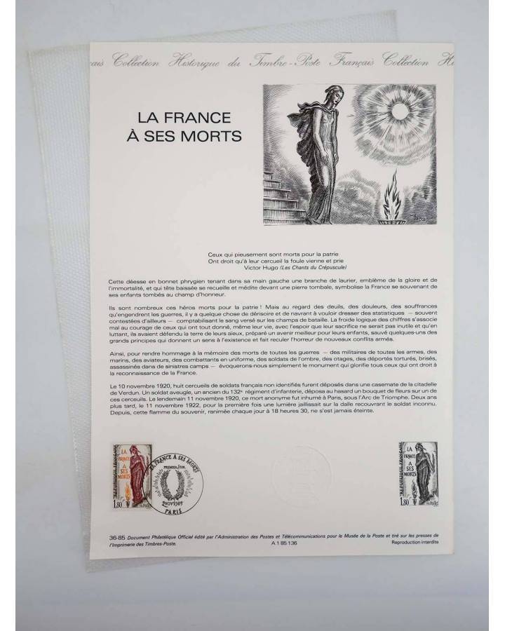 Cubierta de COLLECTION HISTORIQUE DE TIMBRE 36-85. LA FRANCE A SES MORTS (No Acreditado) Poste Français 1985