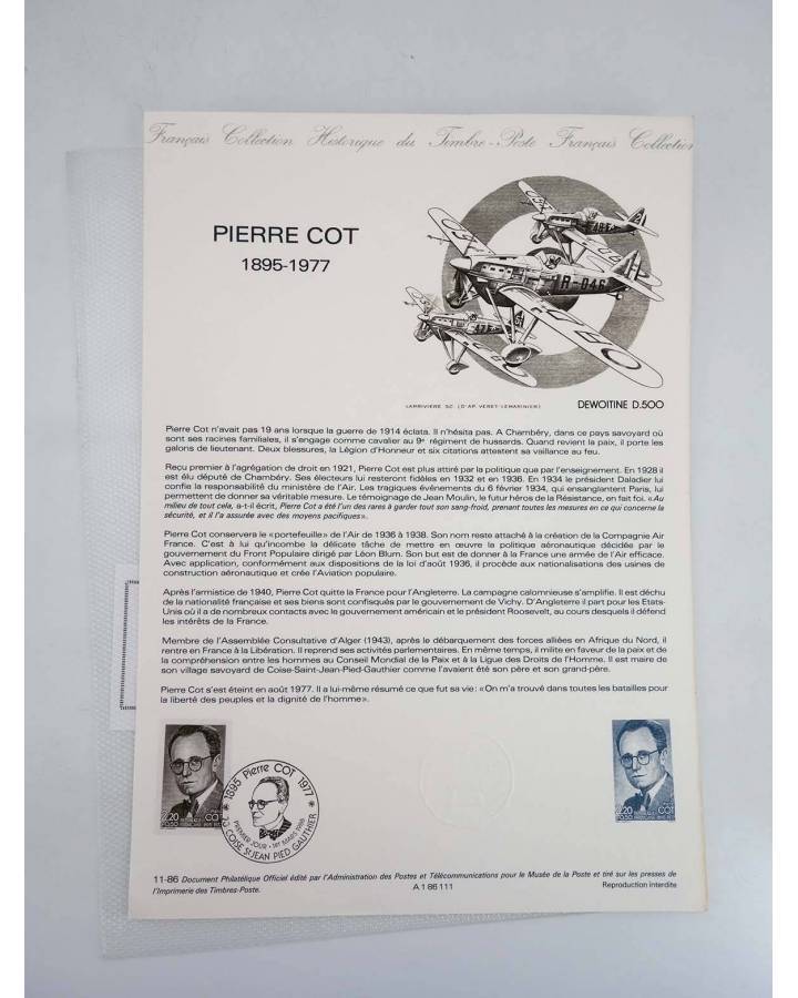 Cubierta de COLLECTION HISTORIQUE DE TIMBRE 31717. PIERRE COT 1896-1977 (No Acreditado) Poste Français 1986