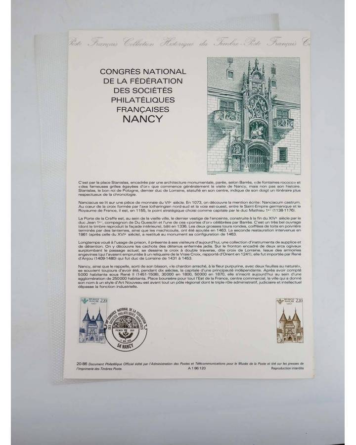 Cubierta de COLLECTION HISTORIQUE DE TIMBRE 20-86. CONGRES NATIONAL DE LA FEDERATION DES SOCIETES PHILATELIQUES (No Acre
