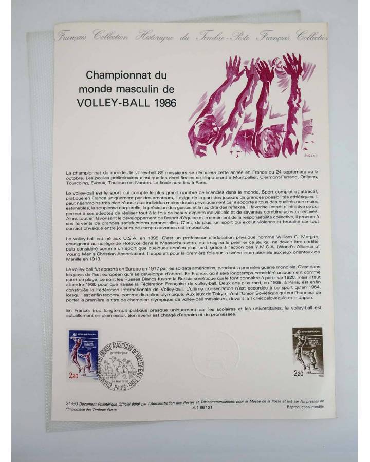 Cubierta de COLLECTION HISTORIQUE DE TIMBRE 21-86. VOLLEY BALL CHAMPIONNAT DU MONDE MASCULIN 1986 (No Acreditado) Poste 