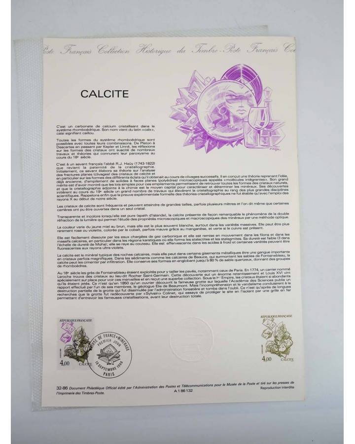 Cubierta de COLLECTION HISTORIQUE DE TIMBRE 32-86. MINERAUX: CALCITE (No Acreditado) Poste Français 1986