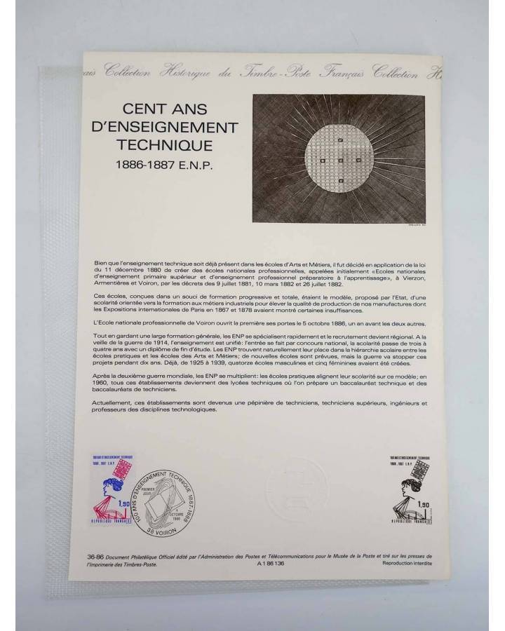 Cubierta de COLLECTION HISTORIQUE DE TIMBRE 36-86. CENT ANS D’ENSEIGNAMENT TECHNIQUE (No Acreditado) Poste Français 1986