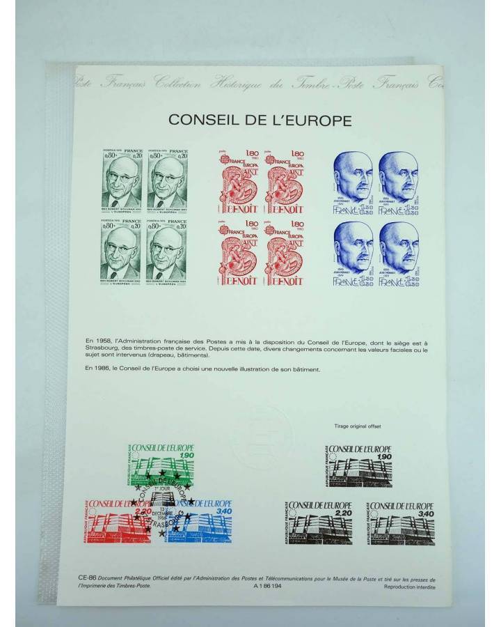Cubierta de COLLECTION HISTORIQUE DE TIMBRE CE-86. CONSEIL DE L’EUROPE (No Acreditado) Poste Français 1986