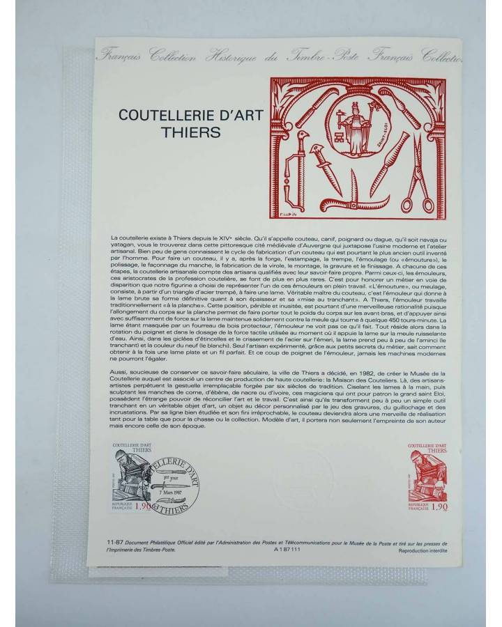 Cubierta de COLLECTION HISTORIQUE DE TIMBRE 32082. COUTELLERIE D’ART THIERS (No Acreditado) Poste Français 1987