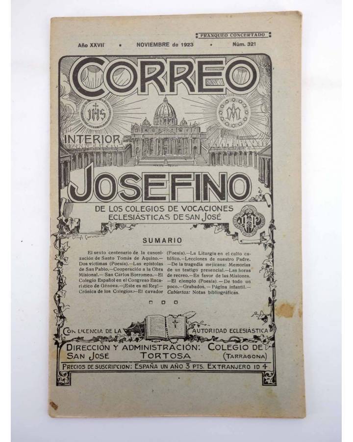 Cubierta de REVISTA CORREO INTERIOR JOSEFINO 321. COLEGIOS DE SAN JOSÉ. NOVIEMBRE (Mosen Sol) Colegio de San José 1923