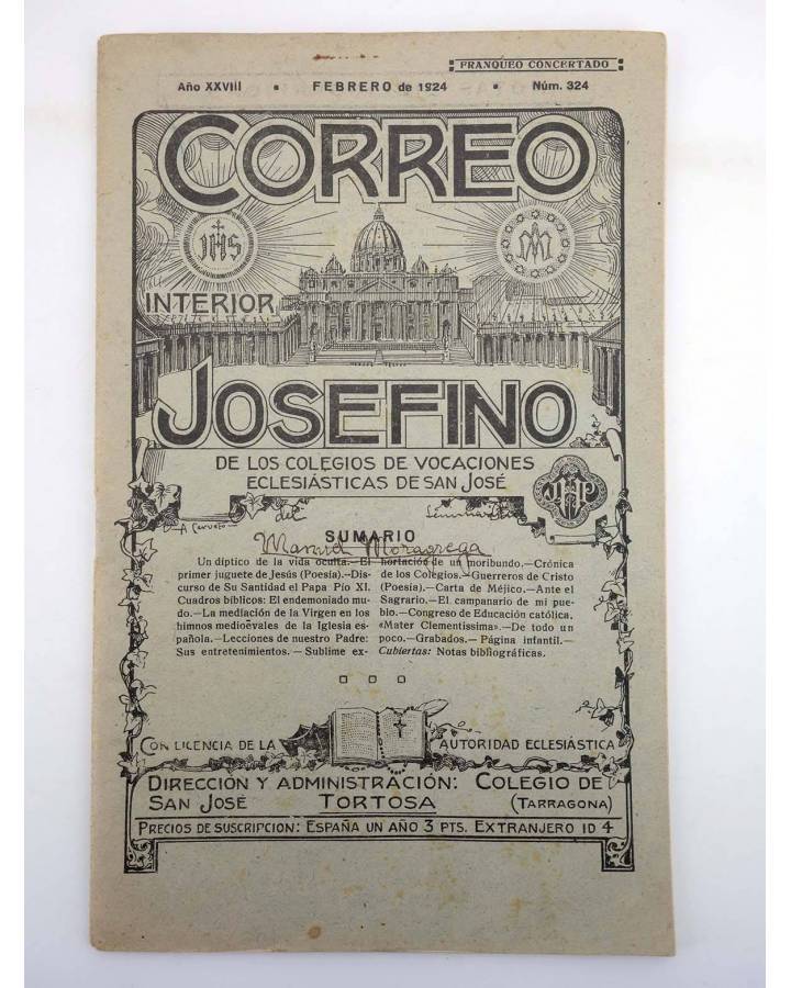 Cubierta de REVISTA CORREO INTERIOR JOSEFINO 324. COLEGIOS DE SAN JOSÉ. FEBRERO (Mosen Sol) Colegio de San José 1924