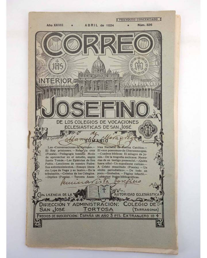 Cubierta de REVISTA CORREO INTERIOR JOSEFINO 326. COLEGIOS DE SAN JOSÉ. ABRIL (Mosen Sol) Colegio de San José 1924