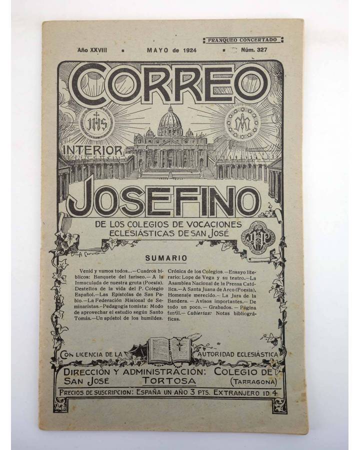 Cubierta de REVISTA CORREO INTERIOR JOSEFINO 327. COLEGIOS DE SAN JOSÉ. MAYO (Mosen Sol) Colegio de San José 1924