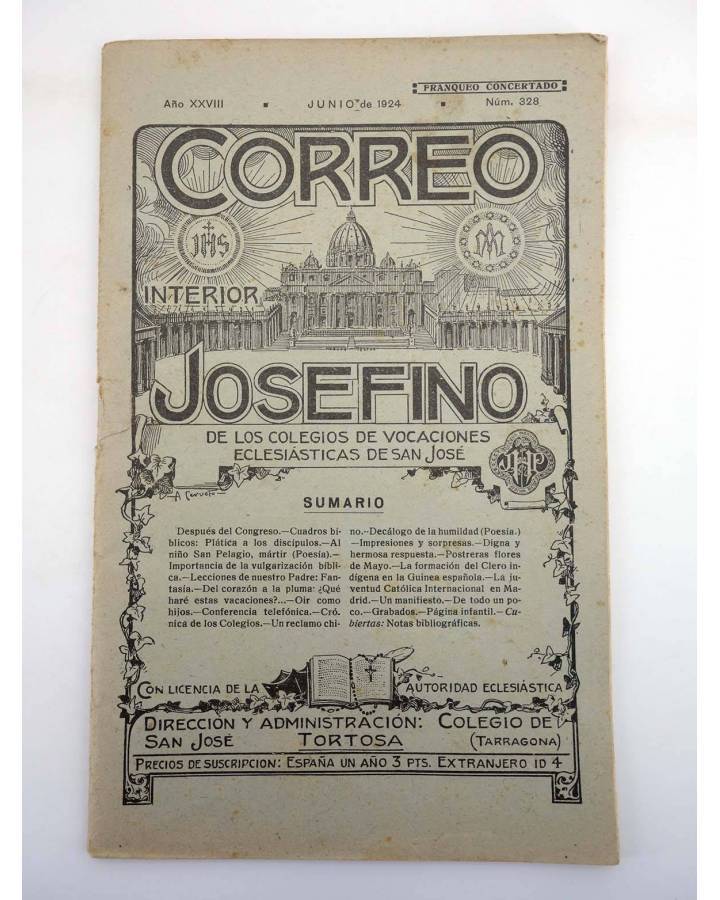 Cubierta de REVISTA CORREO INTERIOR JOSEFINO 328. COLEGIOS DE SAN JOSÉ. JUNIO (Mosen Sol) Colegio de San José 1924