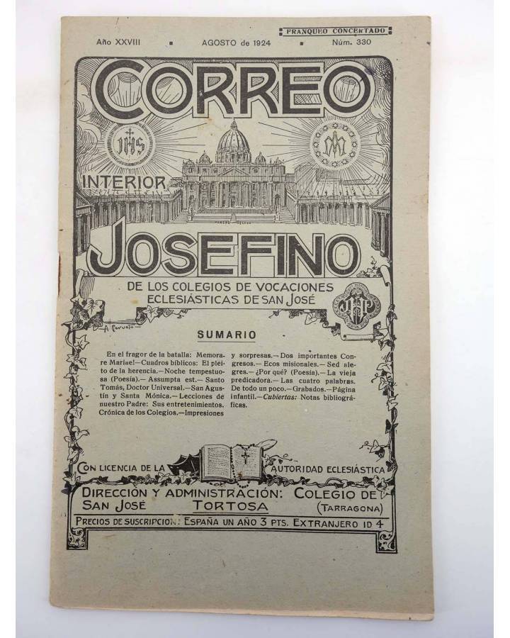 Cubierta de REVISTA CORREO INTERIOR JOSEFINO 330. COLEGIOS DE SAN JOSÉ. AGOSTO (Mosen Sol) Colegio de San José 1924