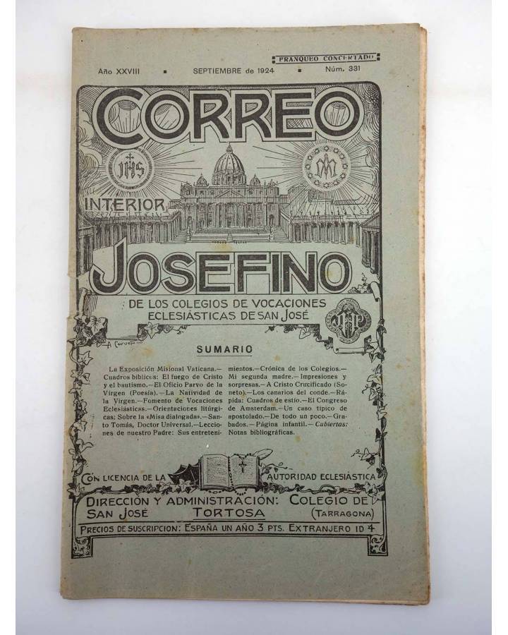 Cubierta de REVISTA CORREO INTERIOR JOSEFINO 331. COLEGIOS DE SAN JOSÉ. SEPTIEMBRE (Mosen Sol) Colegio de San José 1924