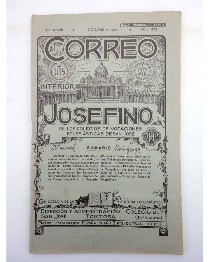Cubierta de REVISTA CORREO INTERIOR JOSEFINO 332. COLEGIOS DE SAN JOSÉ. OCTUBRE (Mosen Sol) Colegio de San José 1924