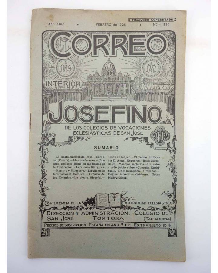 Cubierta de REVISTA CORREO INTERIOR JOSEFINO 336. COLEGIOS DE SAN JOSÉ. FEBRERO (Mosen Sol) Colegio de San José 1925