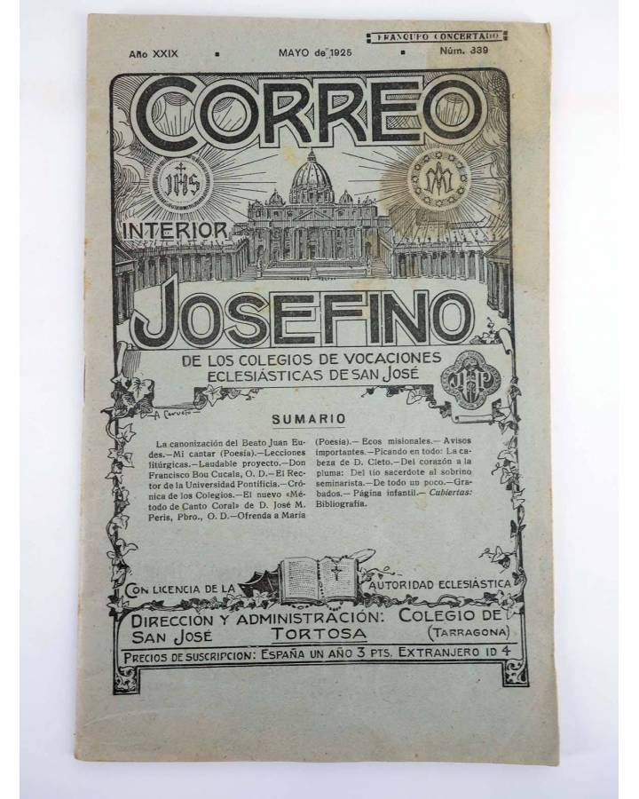 Cubierta de REVISTA CORREO INTERIOR JOSEFINO 339. COLEGIOS DE SAN JOSÉ. MAYO (Mosen Sol) Colegio de San José 1925