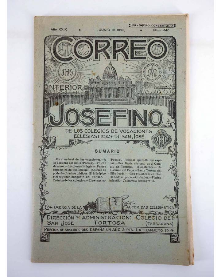 Cubierta de REVISTA CORREO INTERIOR JOSEFINO 340. COLEGIOS DE SAN JOSÉ. JUNIO (Mosen Sol) Colegio de San José 1925