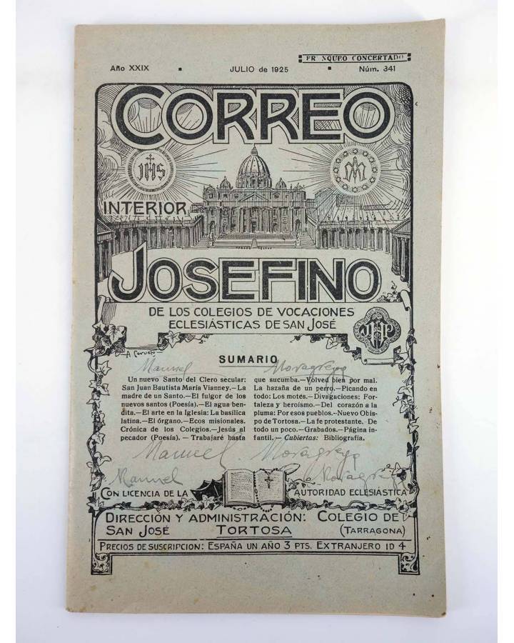 Cubierta de REVISTA CORREO INTERIOR JOSEFINO 341. COLEGIOS DE SAN JOSÉ. JULIO (Mosen Sol) Colegio de San José 1925