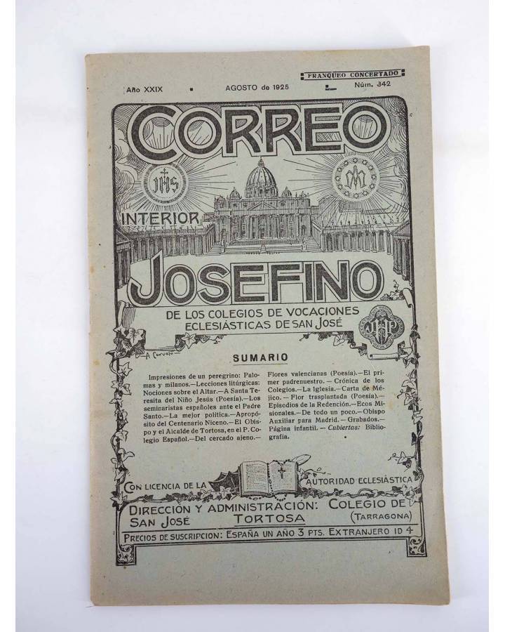 Cubierta de REVISTA CORREO INTERIOR JOSEFINO 342. COLEGIOS DE SAN JOSÉ. AGOSTO (Mosen Sol) Colegio de San José 1925