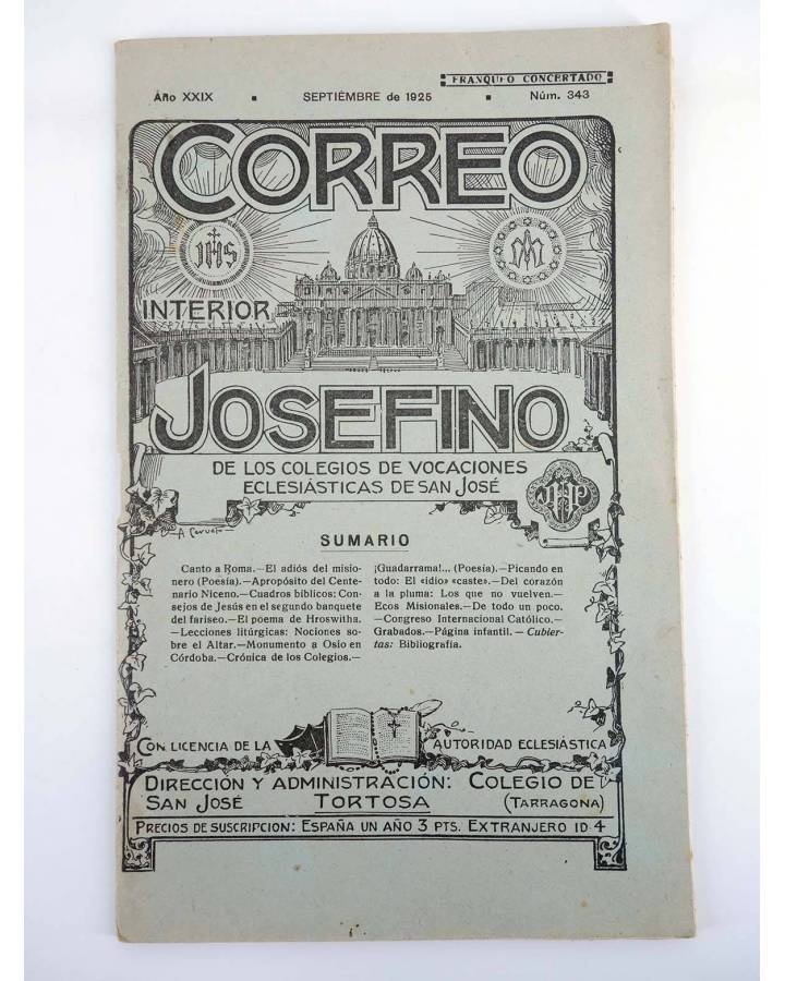 Cubierta de REVISTA CORREO INTERIOR JOSEFINO 343. COLEGIOS DE SAN JOSÉ. SEPTIEMBRE (Mosen Sol) Colegio de San José 1925