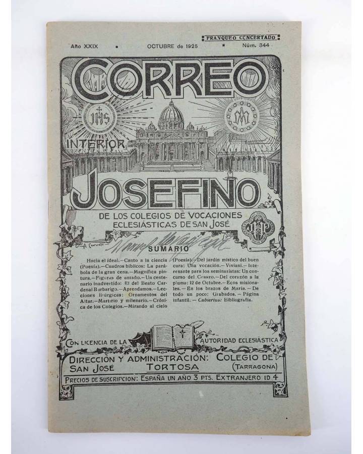 Cubierta de REVISTA CORREO INTERIOR JOSEFINO 344. COLEGIOS DE SAN JOSÉ. OCTUBRE (Mosen Sol) Colegio de San José 1925