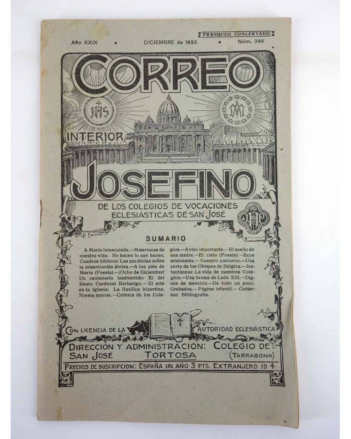 Cubierta de REVISTA CORREO INTERIOR JOSEFINO 346. COLEGIOS DE SAN JOSÉ. DICIEMBRE (Mosen Sol) Colegio de San José 1925