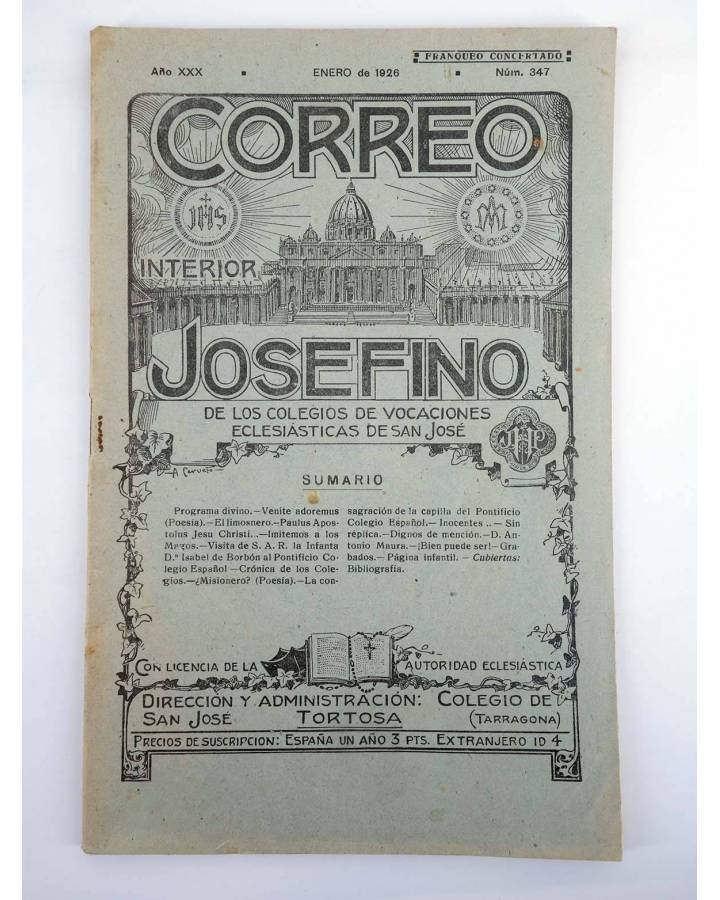 Cubierta de REVISTA CORREO INTERIOR JOSEFINO 347. COLEGIOS DE SAN JOSÉ. ENERO (Mosen Sol) Colegio de San José 1926