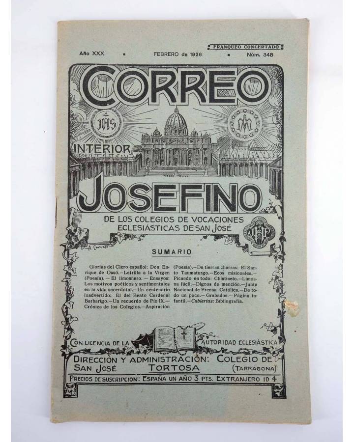 Cubierta de REVISTA CORREO INTERIOR JOSEFINO 348. COLEGIOS DE SAN JOSÉ. FEBRERO (Mosen Sol) Colegio de San José 1926