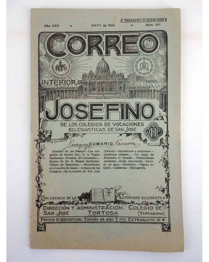 Cubierta de REVISTA CORREO INTERIOR JOSEFINO 351. COLEGIOS DE SAN JOSÉ. MAYO (Mosen Sol) Colegio de San José 1926