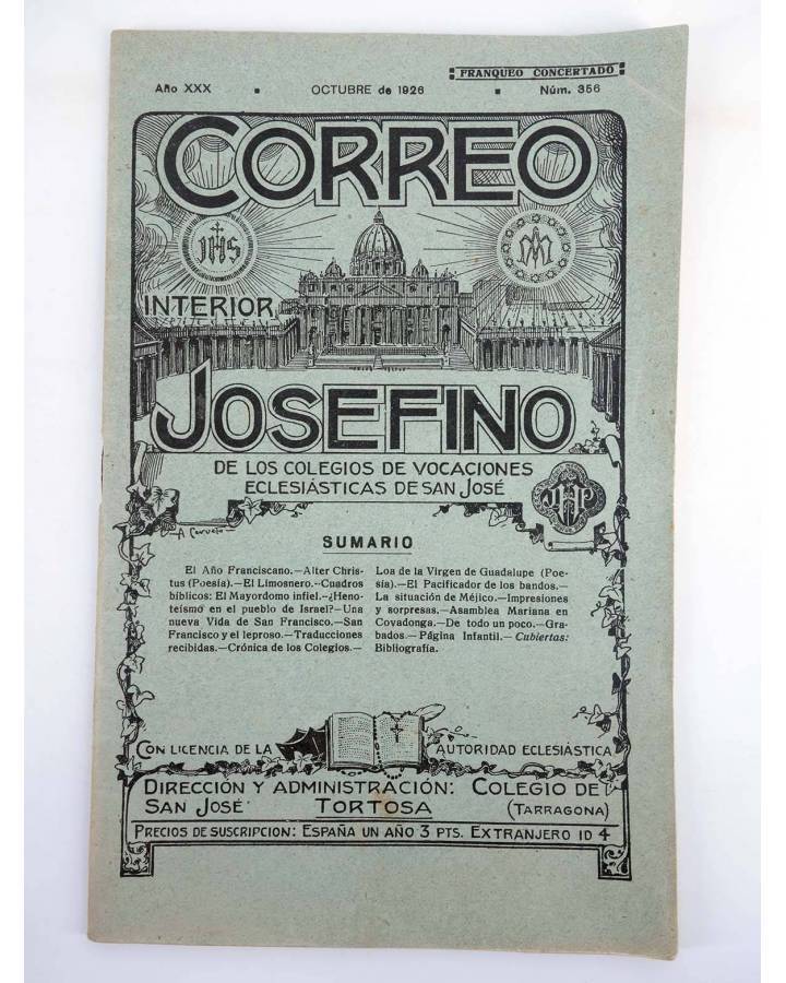 Cubierta de REVISTA CORREO INTERIOR JOSEFINO 356. COLEGIOS DE SAN JOSÉ. OCTUBRE (Mosen Sol) Colegio de San José 1926