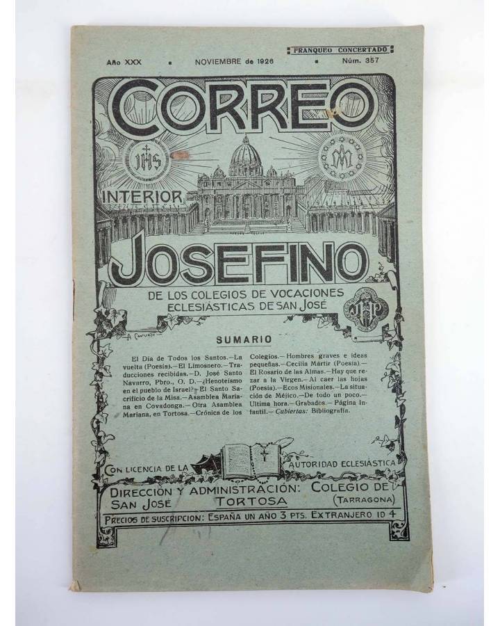 Cubierta de REVISTA CORREO INTERIOR JOSEFINO 357. COLEGIOS DE SAN JOSÉ. NOVIEMBRE (Mosen Sol) Colegio de San José 1926