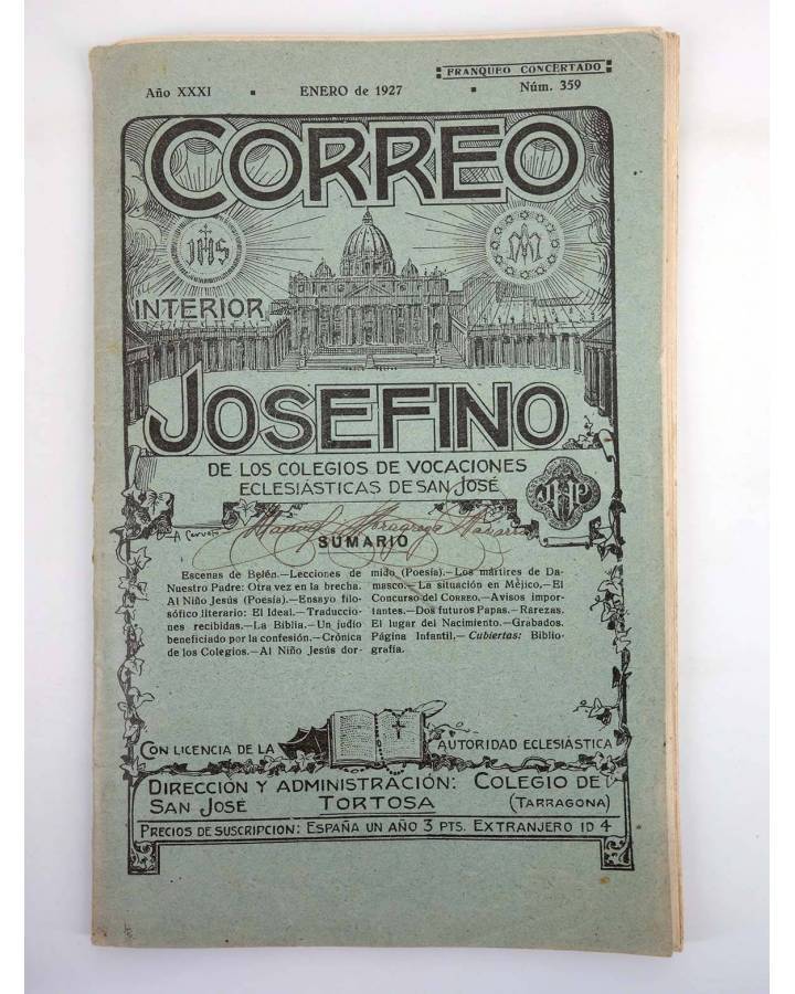 Cubierta de REVISTA CORREO INTERIOR JOSEFINO 359. COLEGIOS DE SAN JOSÉ. ENERO (Mosen Sol) Colegio de San José 1927