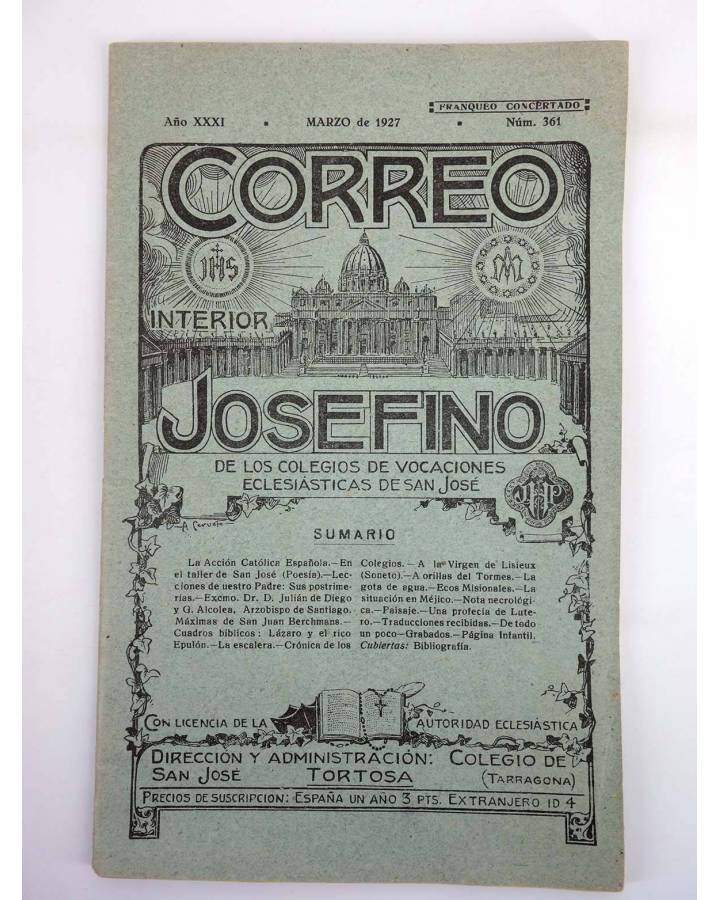 Cubierta de REVISTA CORREO INTERIOR JOSEFINO 361. COLEGIOS DE SAN JOSÉ. MARZO (Mosen Sol) Colegio de San José 1927