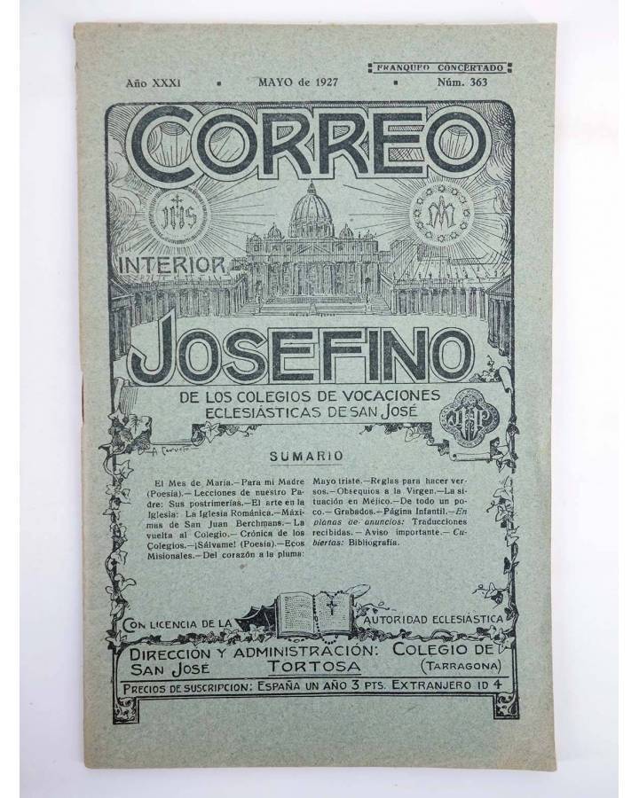 Cubierta de REVISTA CORREO INTERIOR JOSEFINO 363. COLEGIOS DE SAN JOSÉ. MAYO (Mosen Sol) Colegio de San José 1927