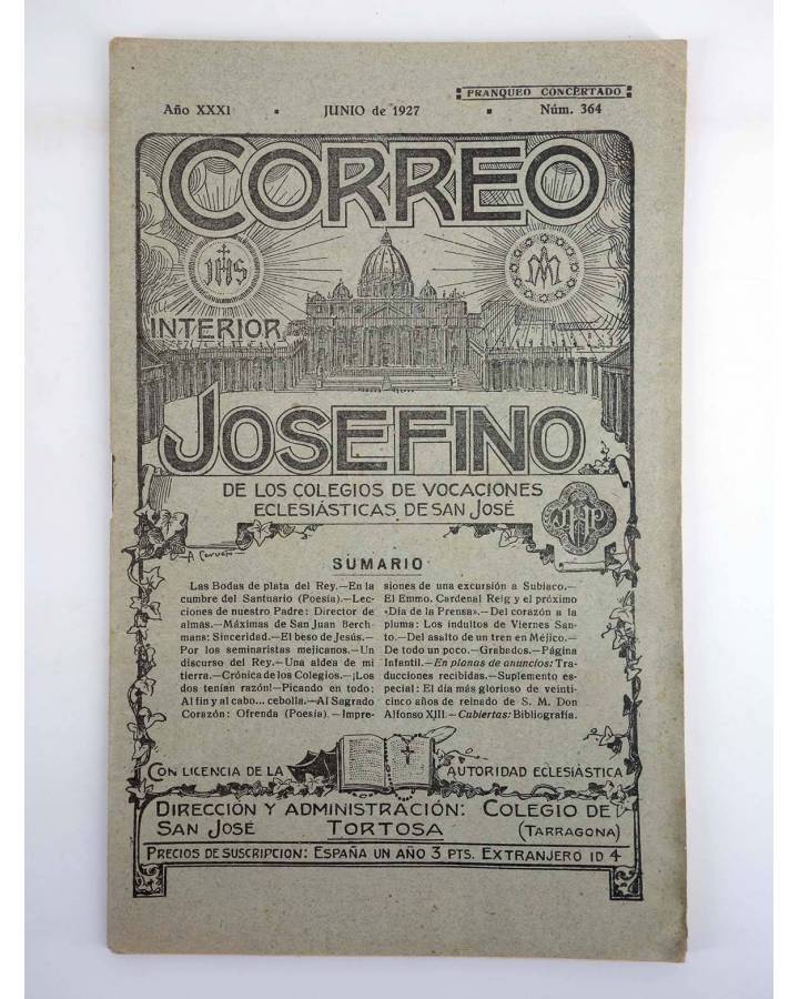 Cubierta de REVISTA CORREO INTERIOR JOSEFINO 364. COLEGIOS DE SAN JOSÉ. JUNIO (Mosen Sol) Colegio de San José 1927