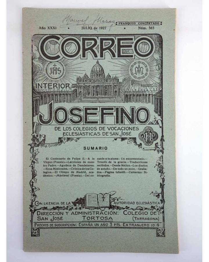 Cubierta de REVISTA CORREO INTERIOR JOSEFINO 365. COLEGIOS DE SAN JOSÉ. JULIO (Mosen Sol) Colegio de San José 1927