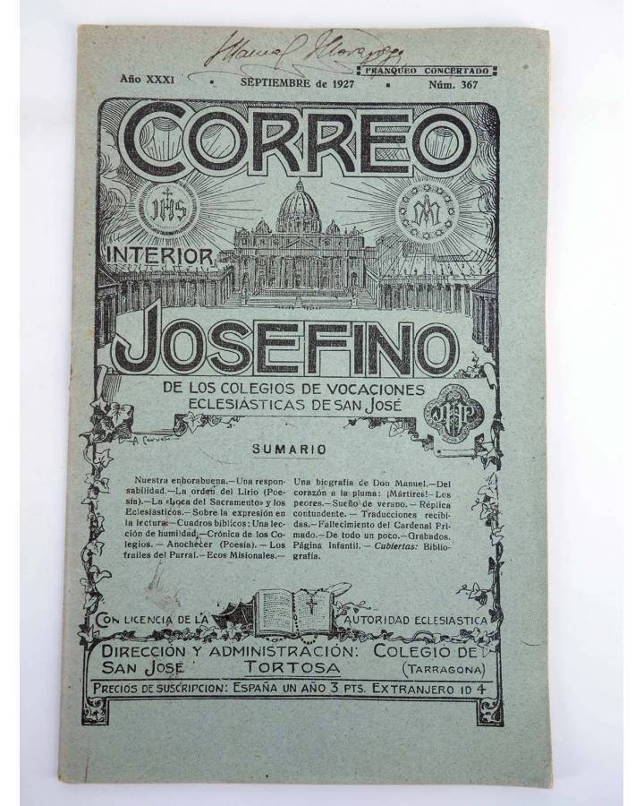Cubierta de REVISTA CORREO INTERIOR JOSEFINO 367. COLEGIOS DE SAN JOSÉ. SEPTIEMBRE (Mosen Sol) Colegio de San José 1927