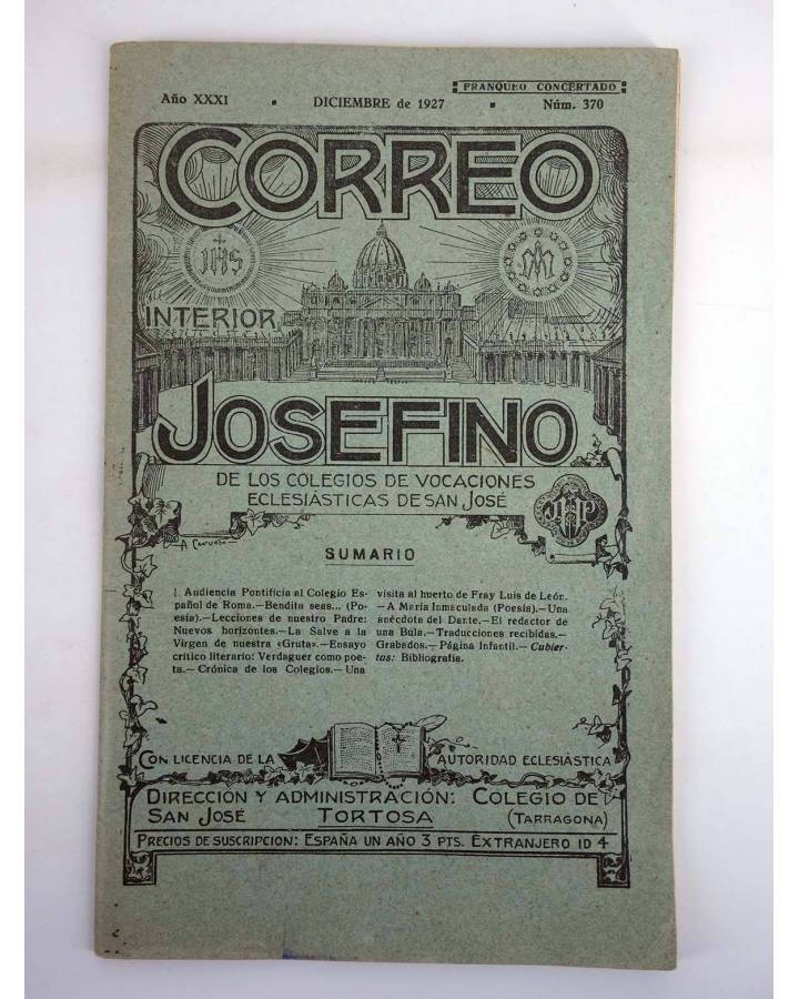 Cubierta de REVISTA CORREO INTERIOR JOSEFINO 370. COLEGIOS DE SAN JOSÉ. DICIEMBRE (Mosen Sol) Colegio de San José 1927