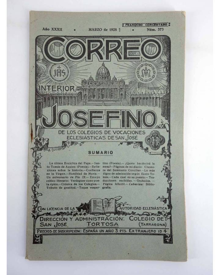 Cubierta de REVISTA CORREO INTERIOR JOSEFINO 373. COLEGIOS DE SAN JOSÉ. MARZO (Mosen Sol) Colegio de San José 1928