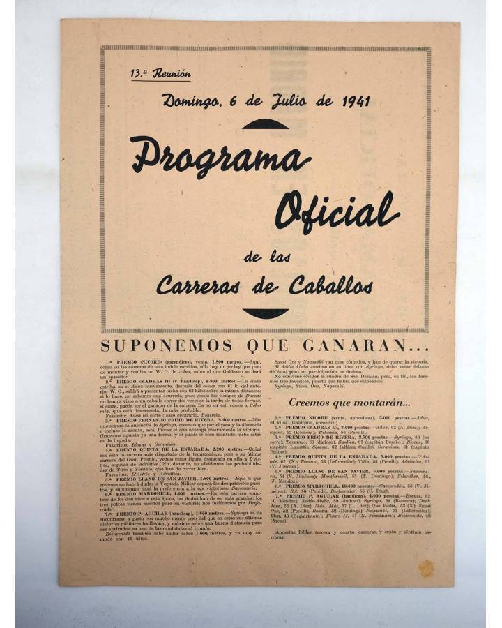 Cubierta de PROGRAMA OFICIAL DE LAS CARRERAS DE CABALLOS DÍPTICO. 6 DE JULIO  1941 (No Acreditado) No acreditada 1941