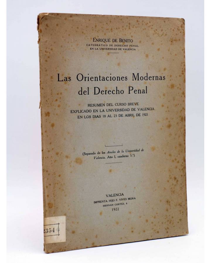 Cubierta de LAS ORIENTACIONES MODERNAS DEL DERECHO PENAL (Enrique De Benito) F. Vivés Mora 1922