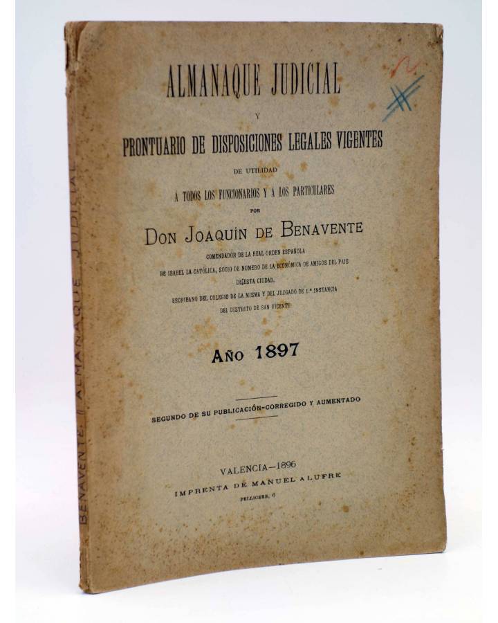 Cubierta de ALMANAQUE JUDICIAL Y PRONTUARIO DE DISPOSICIONES LEGALES VIGENTES (D. Joaquín De Benavente) Manuel Alufre 18
